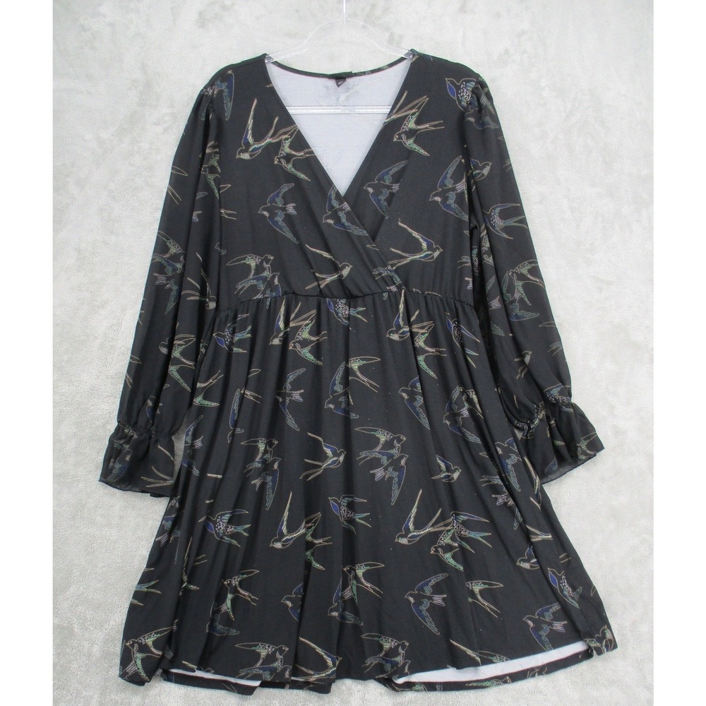 Torrid Dress Women 0 US 12 Bird Print Sheer Sleeve Babydoll Boho Stretch‎ Knit